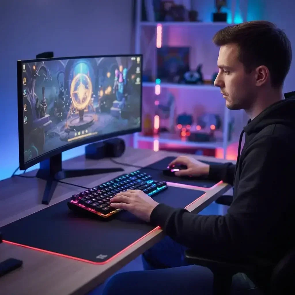 Young man gaming on a curved monitor with RGB mechanical keyboard and mouse in a colorful LED-lit room
