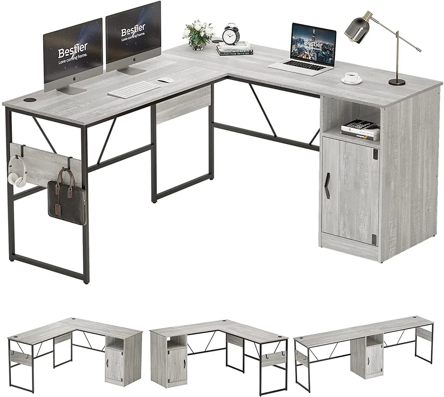 Reversible 60" L Shaped Computer Desk with Storage Cabinet Long Desk for 2 Person Wash White