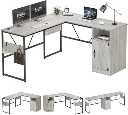 Reversible 60" L Shaped Computer Desk with Storage Cabinet Long Desk for 2 Person Wash White