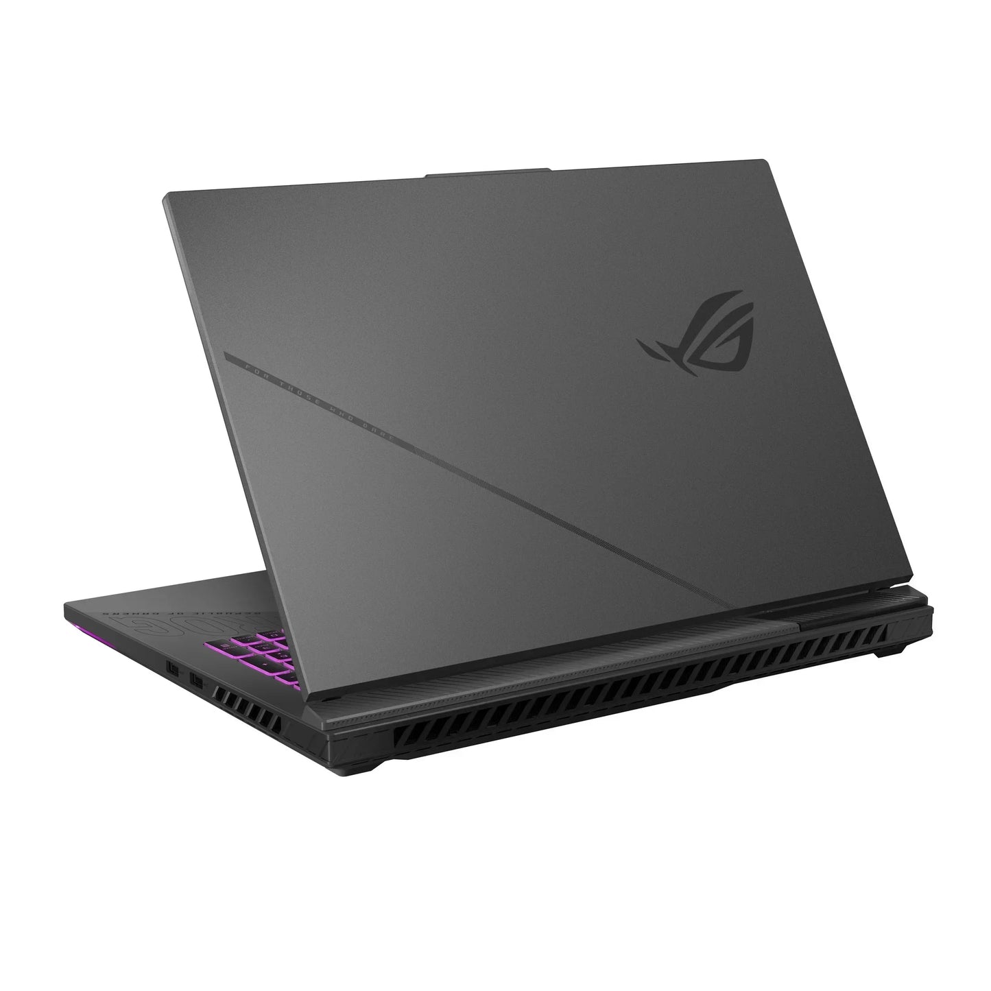 Sleek black gaming laptop with RGB keyboard and angular design, viewed from the rear side