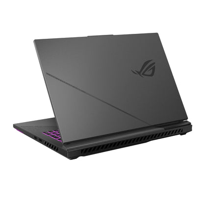 Sleek black gaming laptop with RGB keyboard and angular design, viewed from the rear side