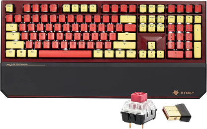 Red and yellow mechanical gaming keyboard with wrist rest, switch, and USB dongle from Byte Style
