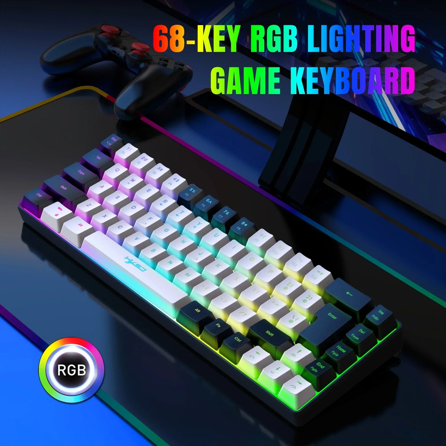 68-key RGB backlit mechanical game keyboard with black and white keycaps on a gaming desk alongside a game controller