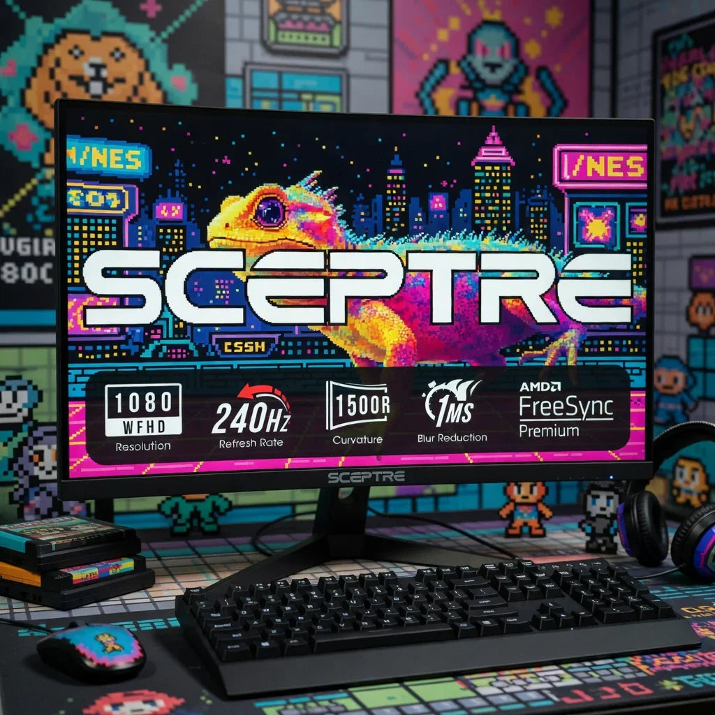Sceptre curved gaming monitor on a retro pixel art desk with keyboard, mouse, and headset.