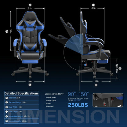 Blue and black gaming chair with detailed dimensions, adjustable backrest angle 90-150°, and 250lbs capacity