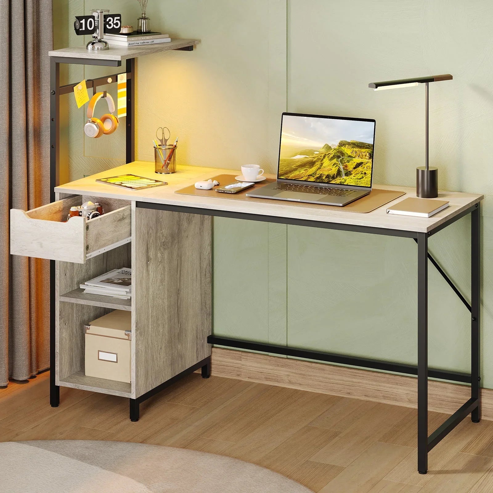 Home Office Desk Computer Gaming PC Study Table with Adjustable Shelf and LED Lights, Light Gray