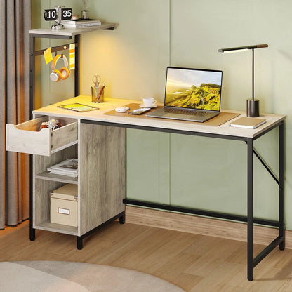 Home Office Desk Computer Gaming PC Study Table with Adjustable Shelf and LED Lights, Light Gray