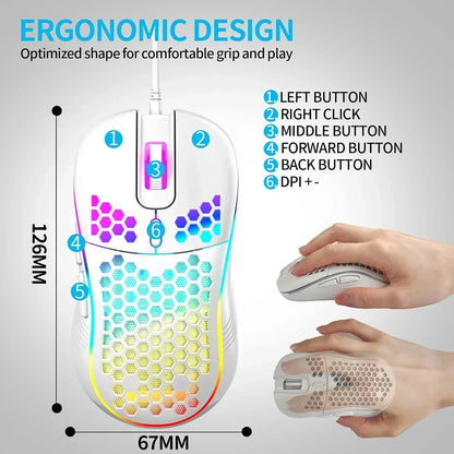 Ergonomic RGB gaming mouse with honeycomb shell, labeled buttons, and comfortable hand grip.