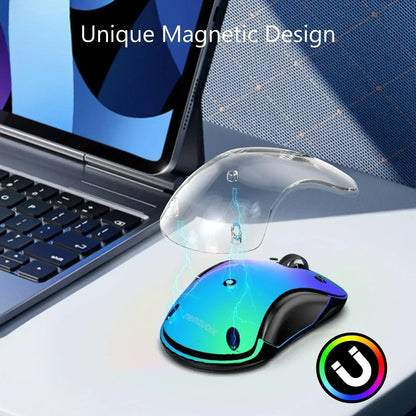 Ergonomic magnetic gaming mouse with removable clear top near a laptop, RGB lighting effect