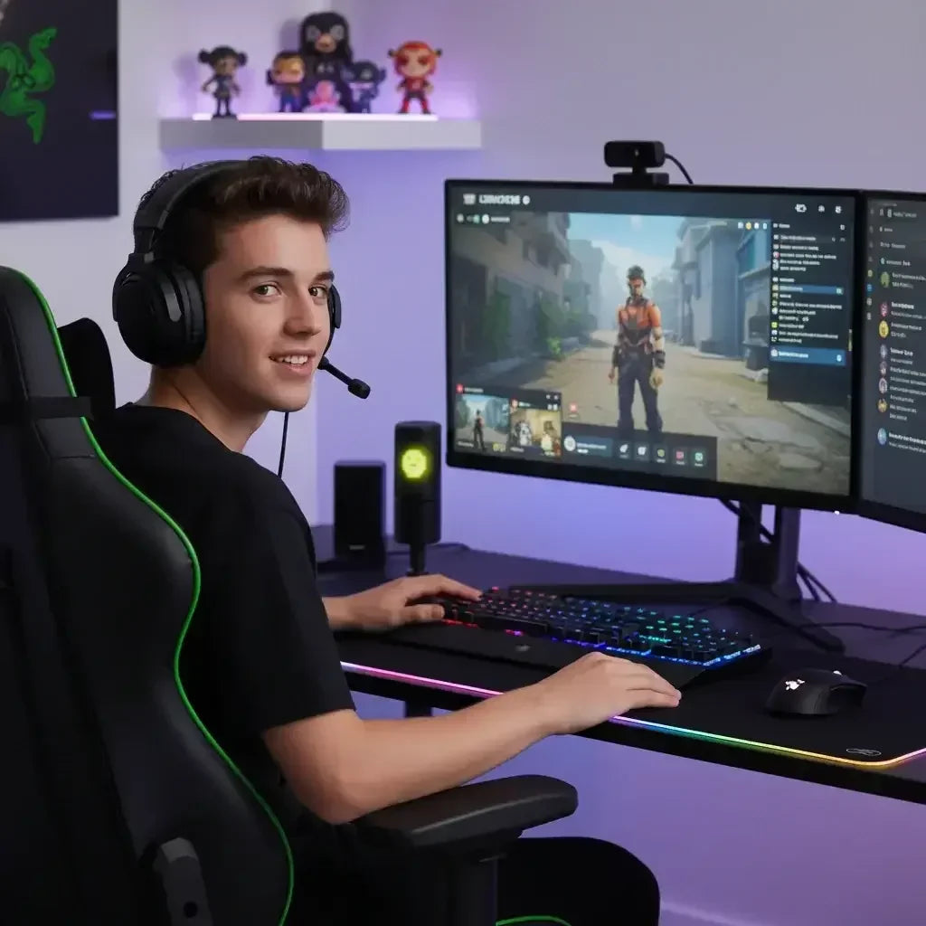 Young male gamer with headset streaming first-person shooter game on dual monitors in gaming room
