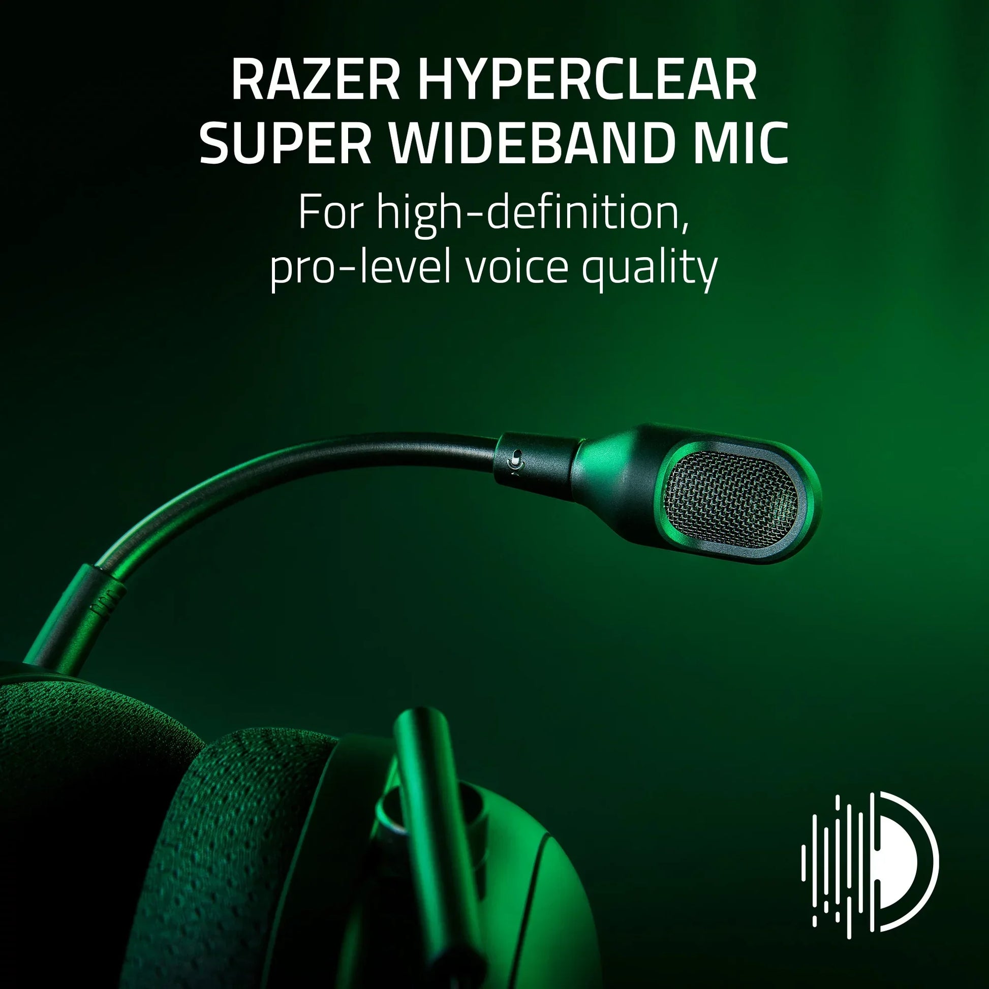 Close-up of Razer Hyperclear Super Wideband mic on headset with green background for high-definition voice quality