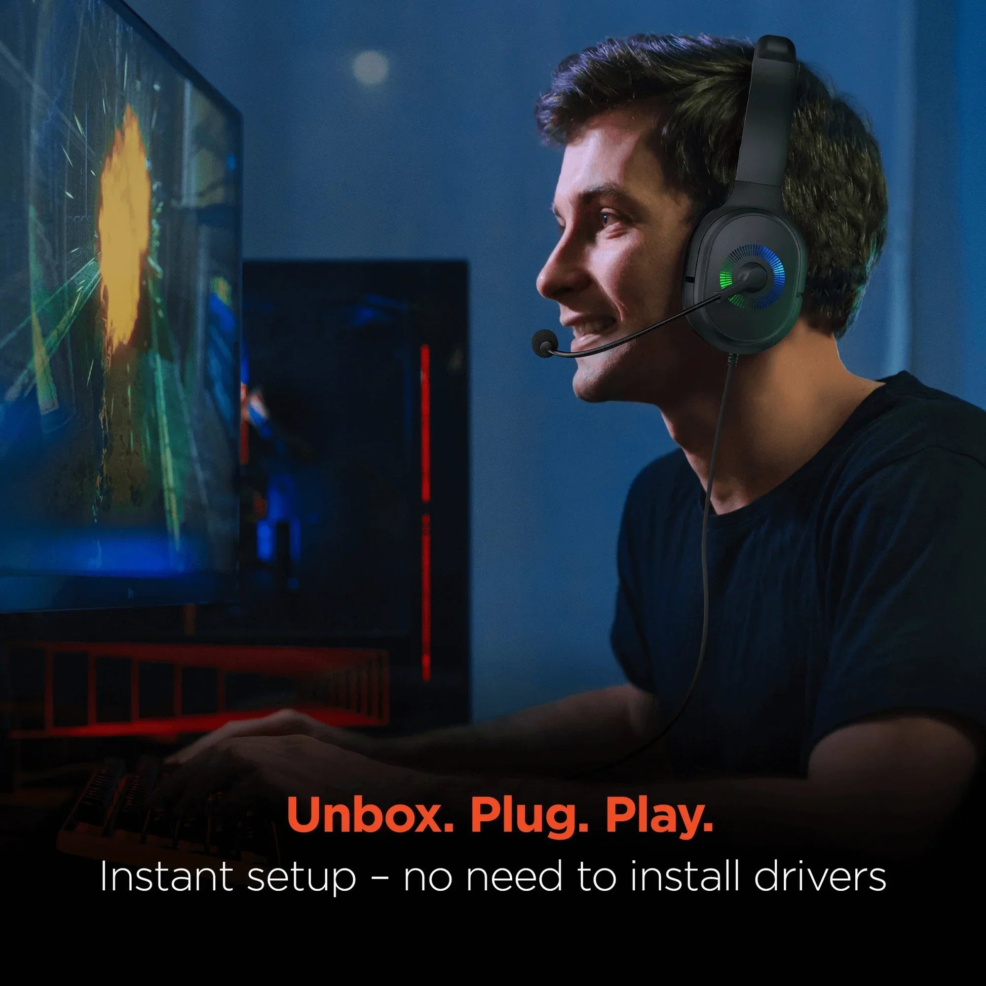 Young man gaming at computer wearing RGB headset with microphone, text promoting instant setup plug and play