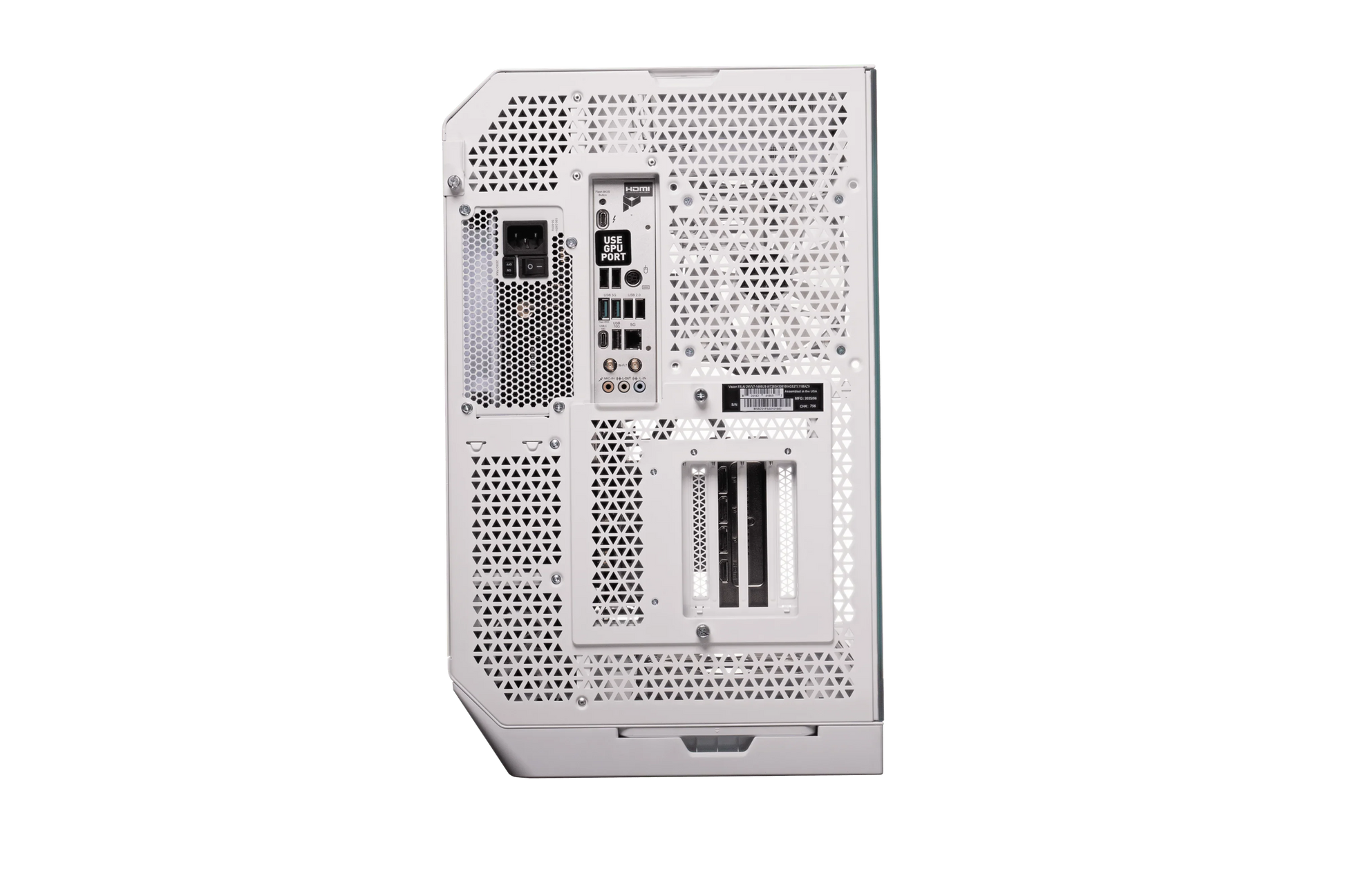 Back view of white gaming PC case with multiple ventilation holes, ports and expansion slots