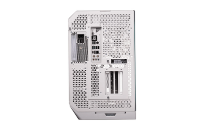 Back view of white gaming PC case with multiple ventilation holes, ports and expansion slots