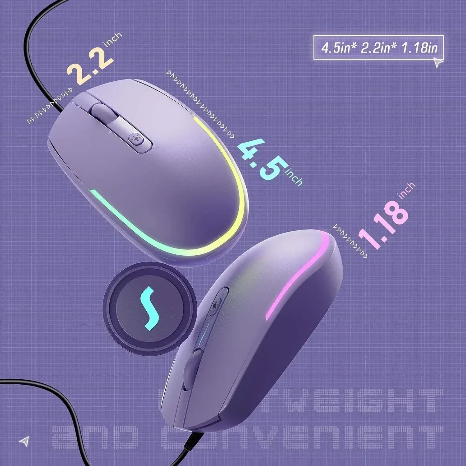 Purple lightweight wired gaming mouse with RGB lighting and dimensions 4.5 x 2.2 x 1.18 inches.