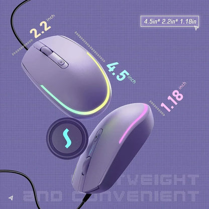 Purple lightweight wired gaming mouse with RGB lighting and dimensions 4.5 x 2.2 x 1.18 inches.