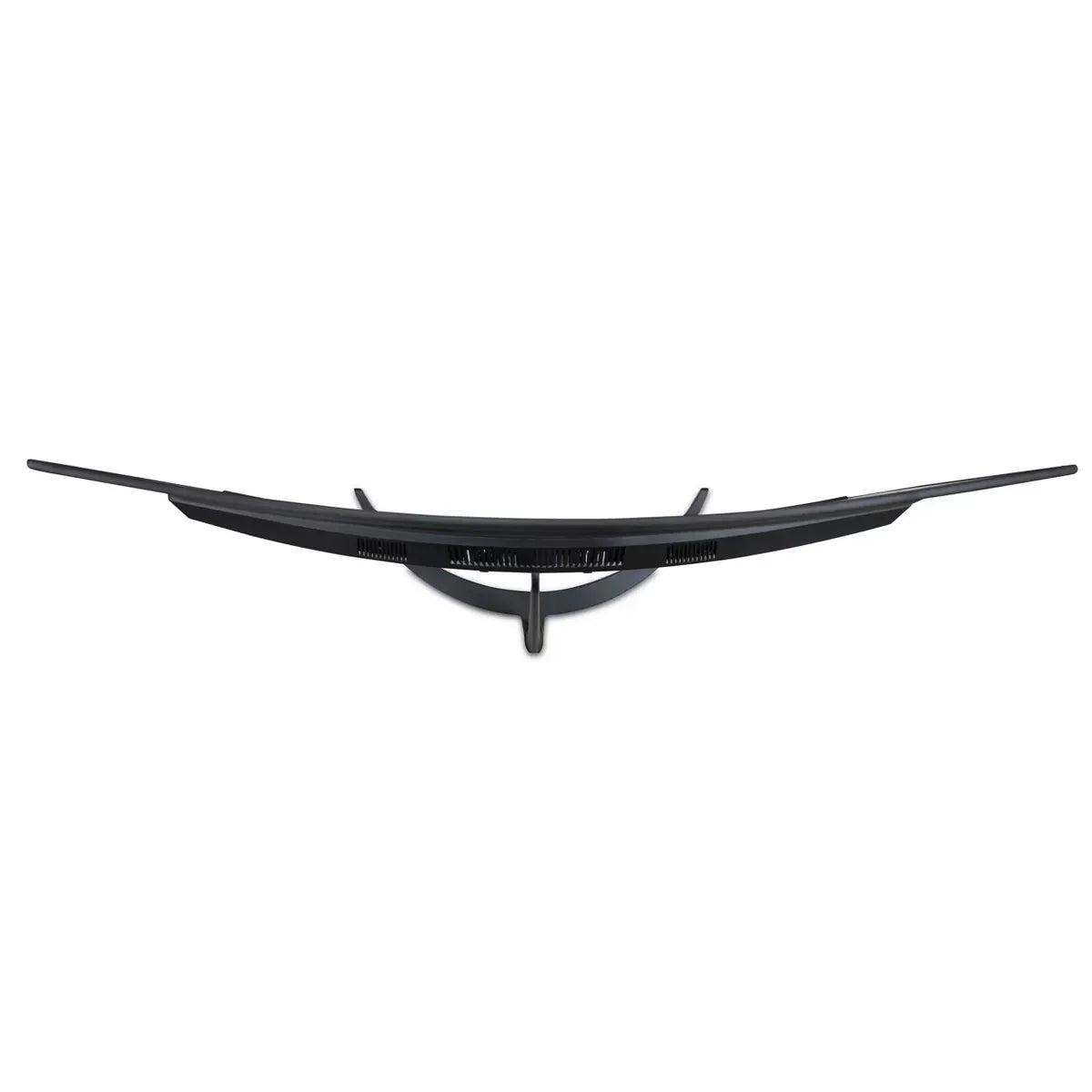 Curved widescreen monitor viewed from top, showcasing sleek black design and cooling vents