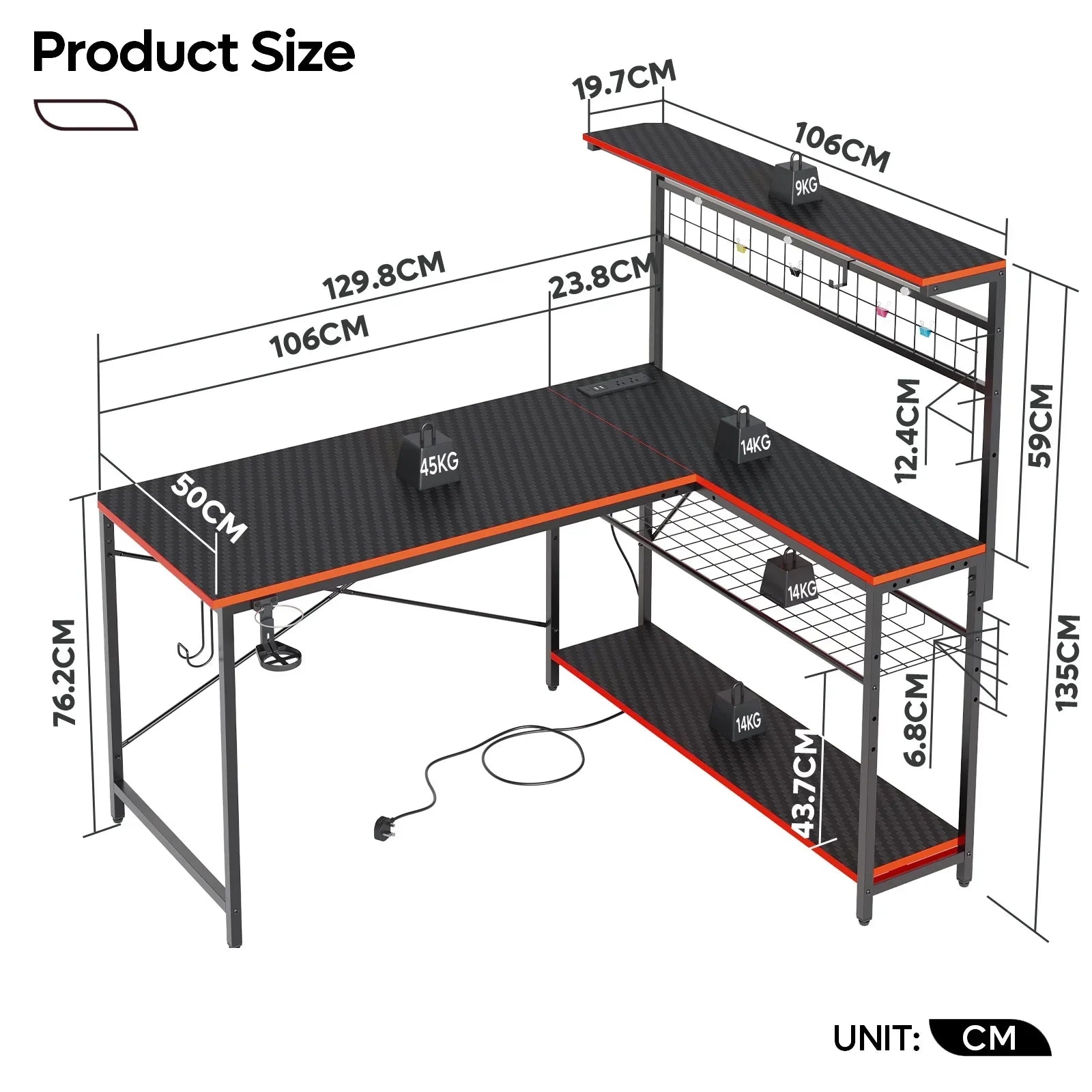51 L Shaped Gaming Desk with Power Outlets, LED Workstation with 4 Tiers Shelves for Home Office, Gamer Reversible Table with Hooks and Cup Holder, Black Carbon Fiber