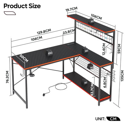 51 L Shaped Gaming Desk with Power Outlets, LED Workstation with 4 Tiers Shelves for Home Office, Gamer Reversible Table with Hooks and Cup Holder, Black Carbon Fiber