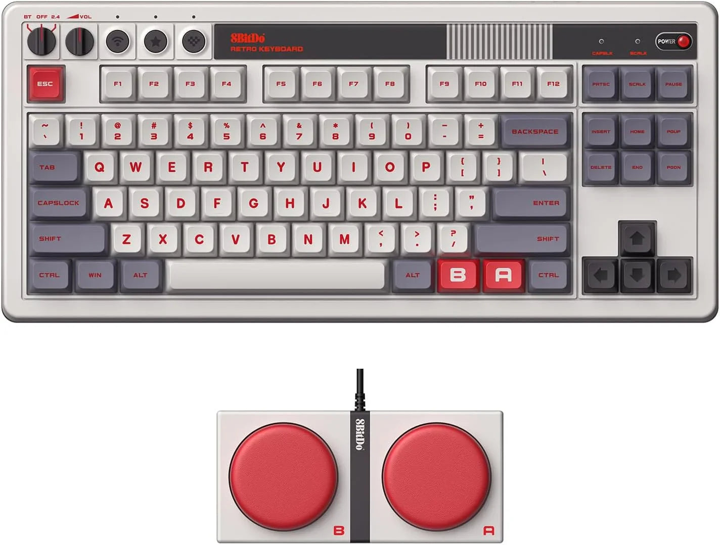 Retro-themed gaming keyboard and dual button accessory with red and gray 8-bit style keys.