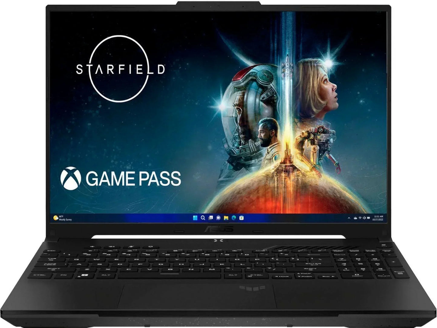 ASUS gaming laptop with Starfield game pass advertisement on screen