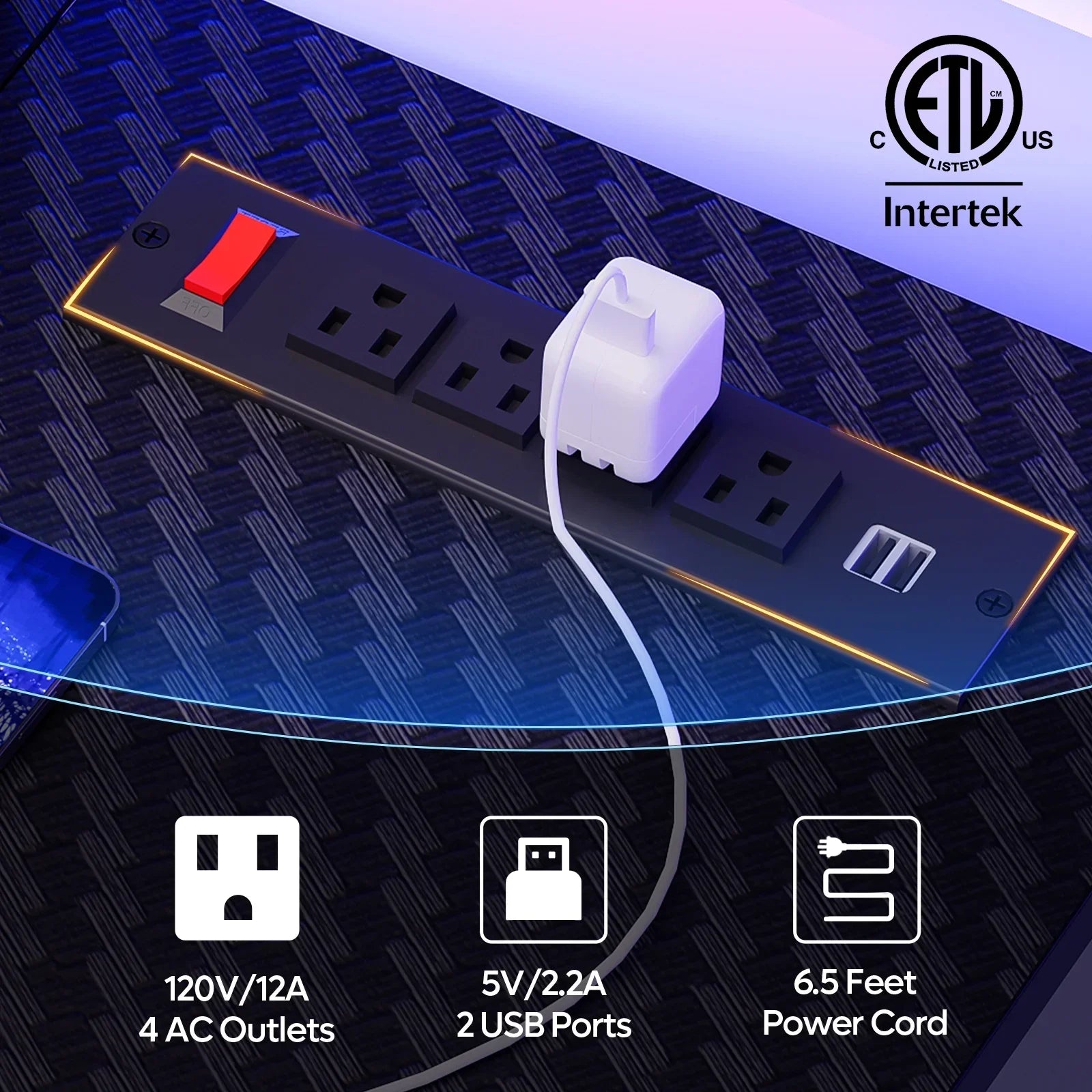 Black power strip with 4 AC outlets, 2 USB ports, red switch, white charger, on woven surface