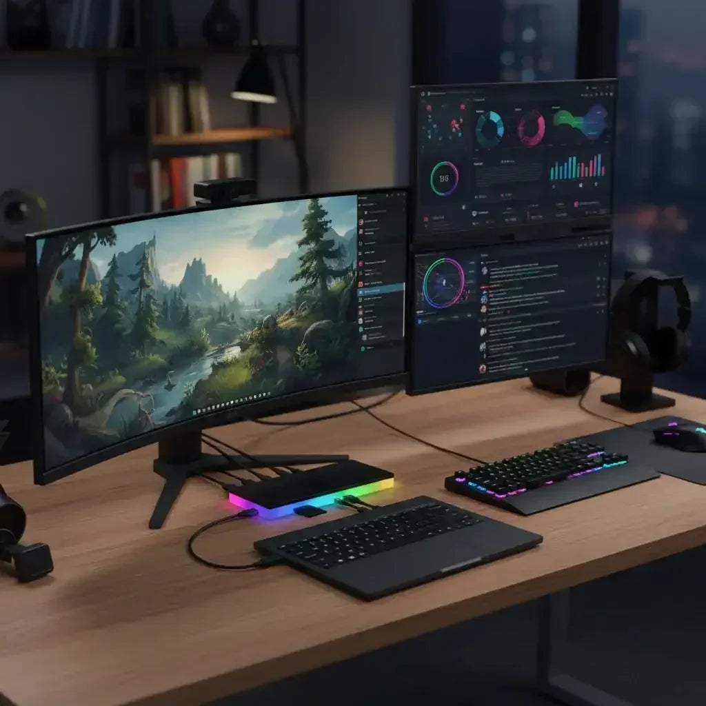 Dual monitor computer setup with curved landscape display, RGB keyboard, and gaming accessories on wood desk