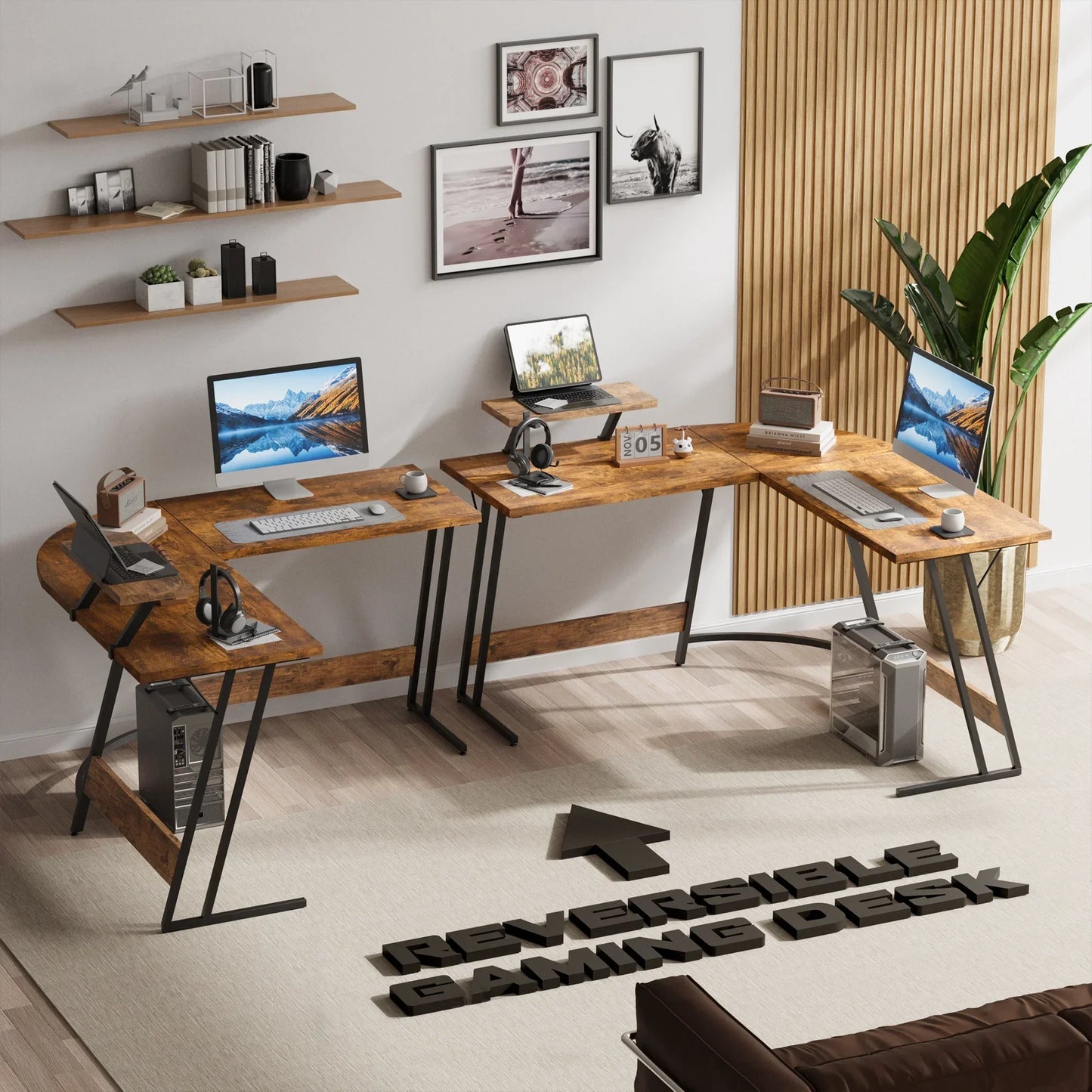 Modern reversible gaming desk with wood surface, black metal legs, multiple monitors, laptops, and decor