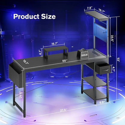 55" Gaming Desk with Adjustable Storage Rack & LED Lights, Power Outlets for Adult and Teen