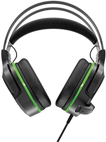 Wired gaming headset with black cushioned ear pads and green accents, over-ear design