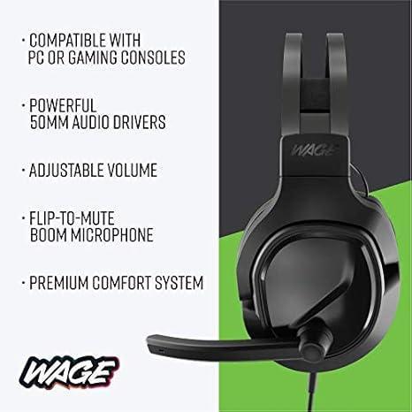 Black gaming headset with flip-to-mute mic, 50mm drivers, adjustable volume, comfort features