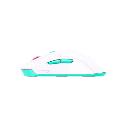 White and teal HyperX gaming mouse with side buttons and red scroll wheel on white background