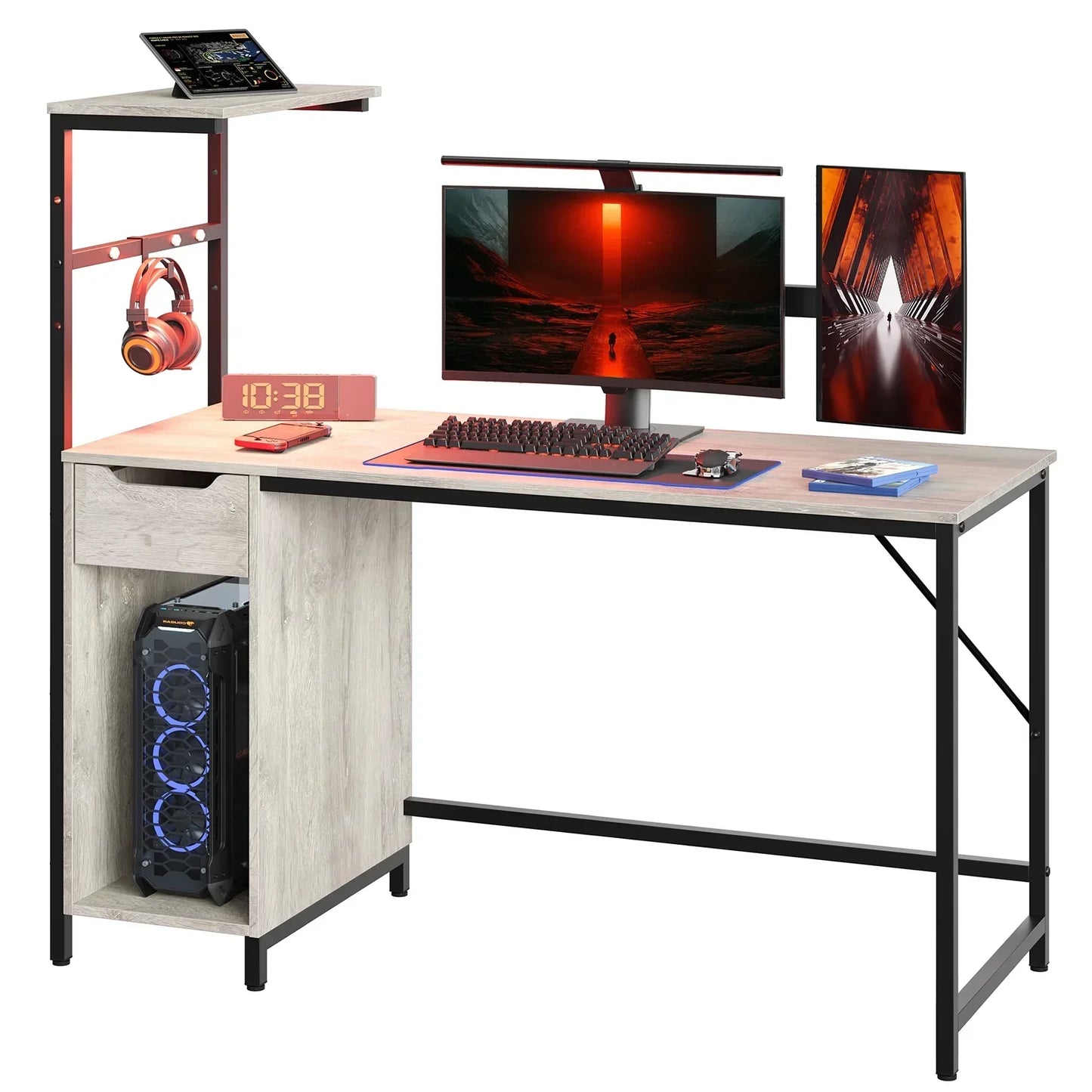 Home Office Desk Computer Gaming PC Study Table with Adjustable Shelf and LED Lights, Light Gray