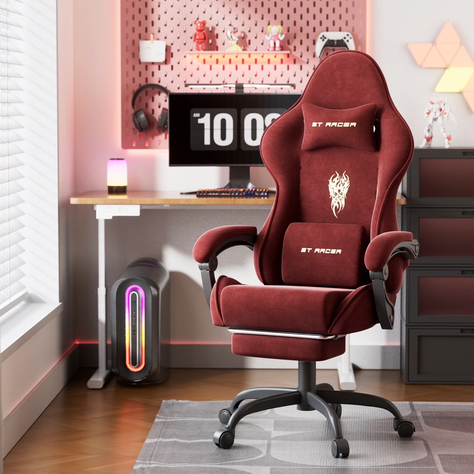 Red ST RACER gaming chair with flame logo, lumbar & neck pillows, in a cozy gamer setup with RGB lighting