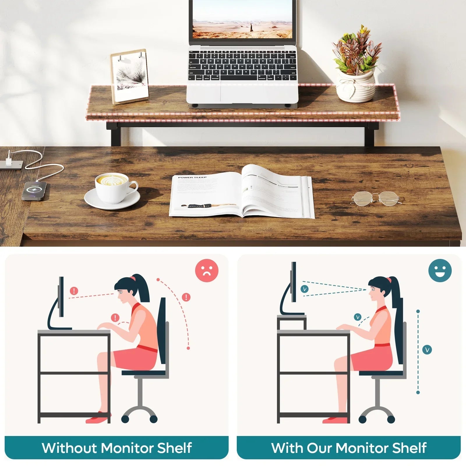 Wooden desk with elevated monitor shelf holding a laptop, coffee cup, book, glasses, and plant, showing ergonomic setup
