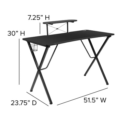 Black gaming desk with elevated shelf, built-in cup holder, and metal X-frame legs, 51.5x23.75 inches