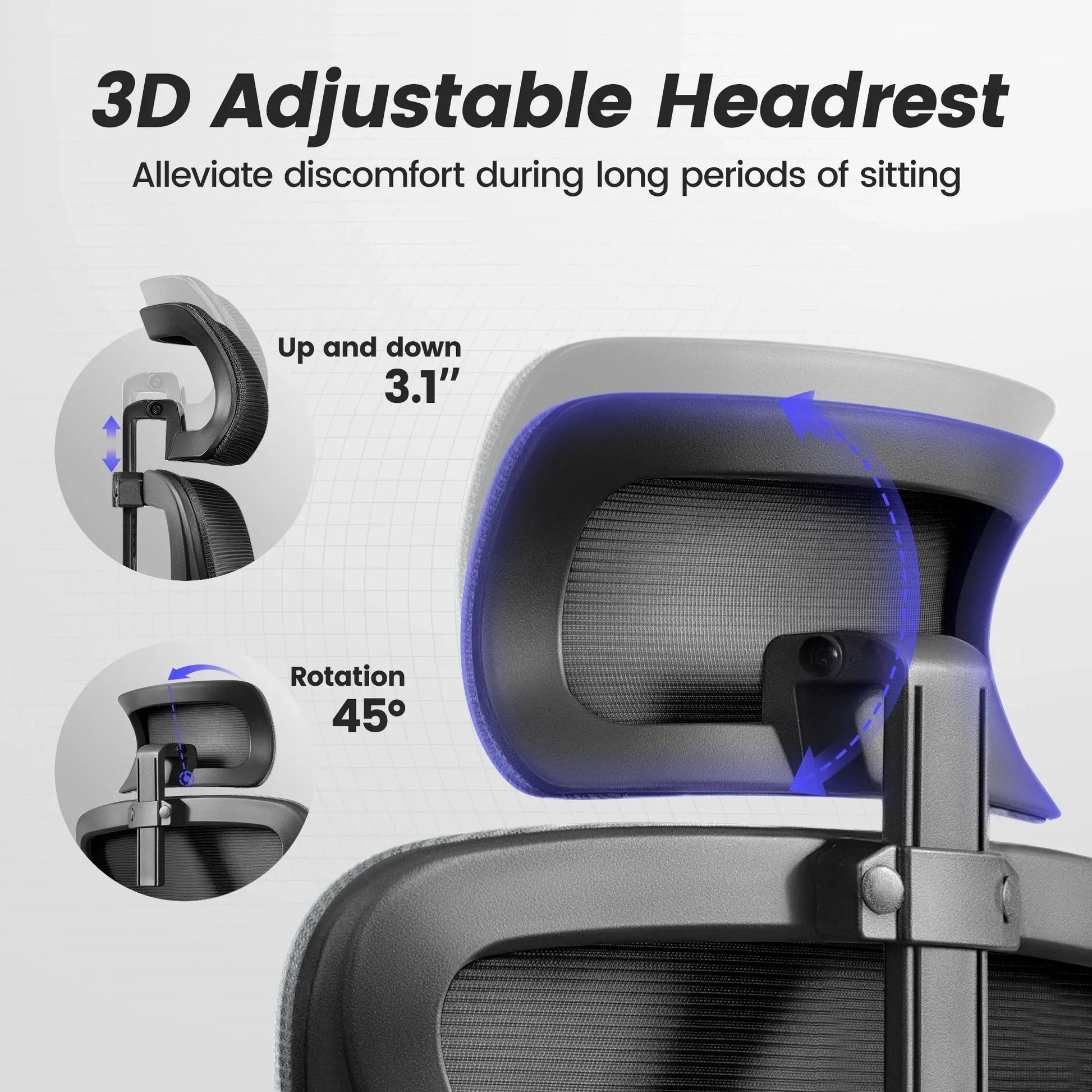 3D adjustable headrest for gaming chair with 3.1" up/down and 45° rotation for comfort