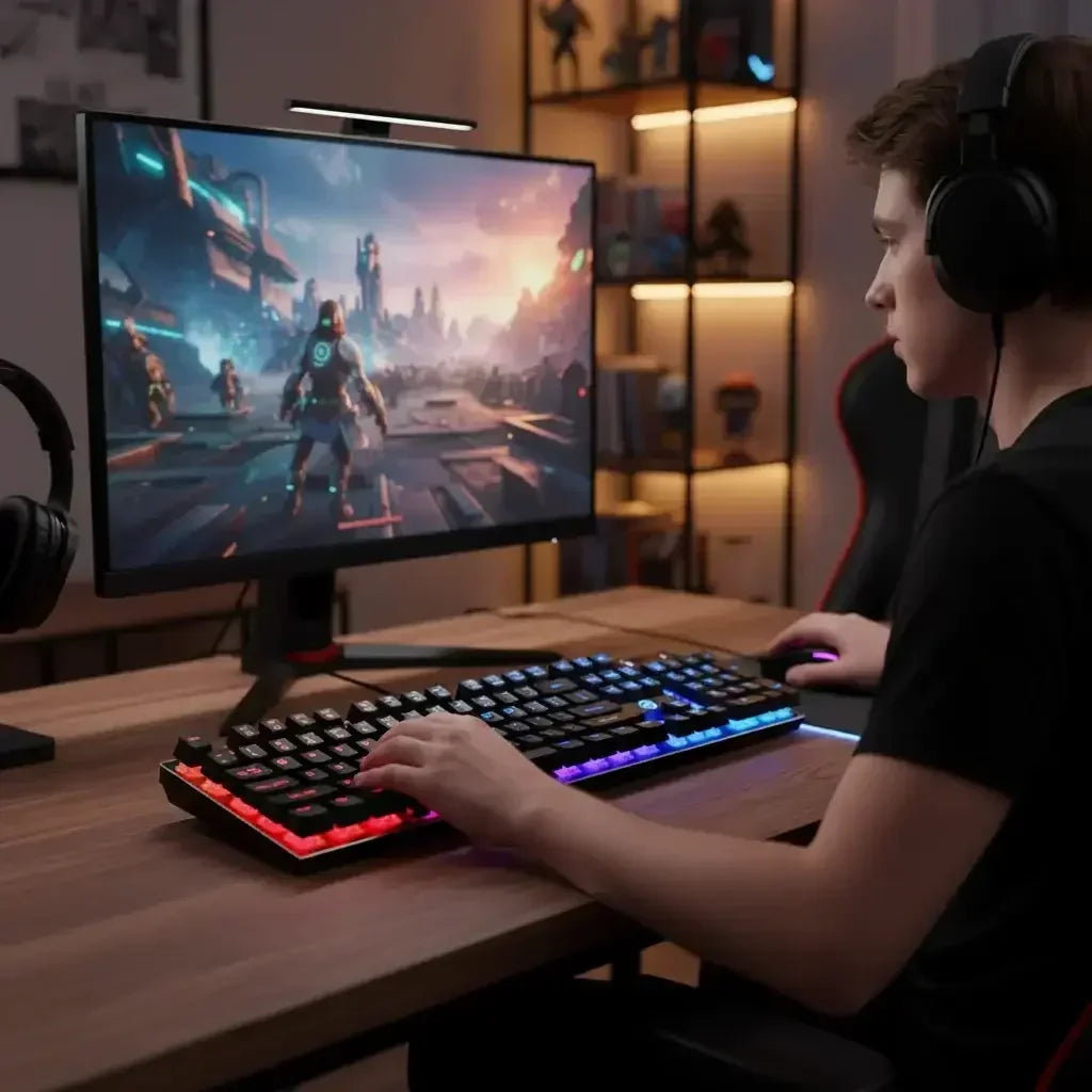 Young male gamer wearing headphones playing futuristic action game on desktop with RGB keyboard