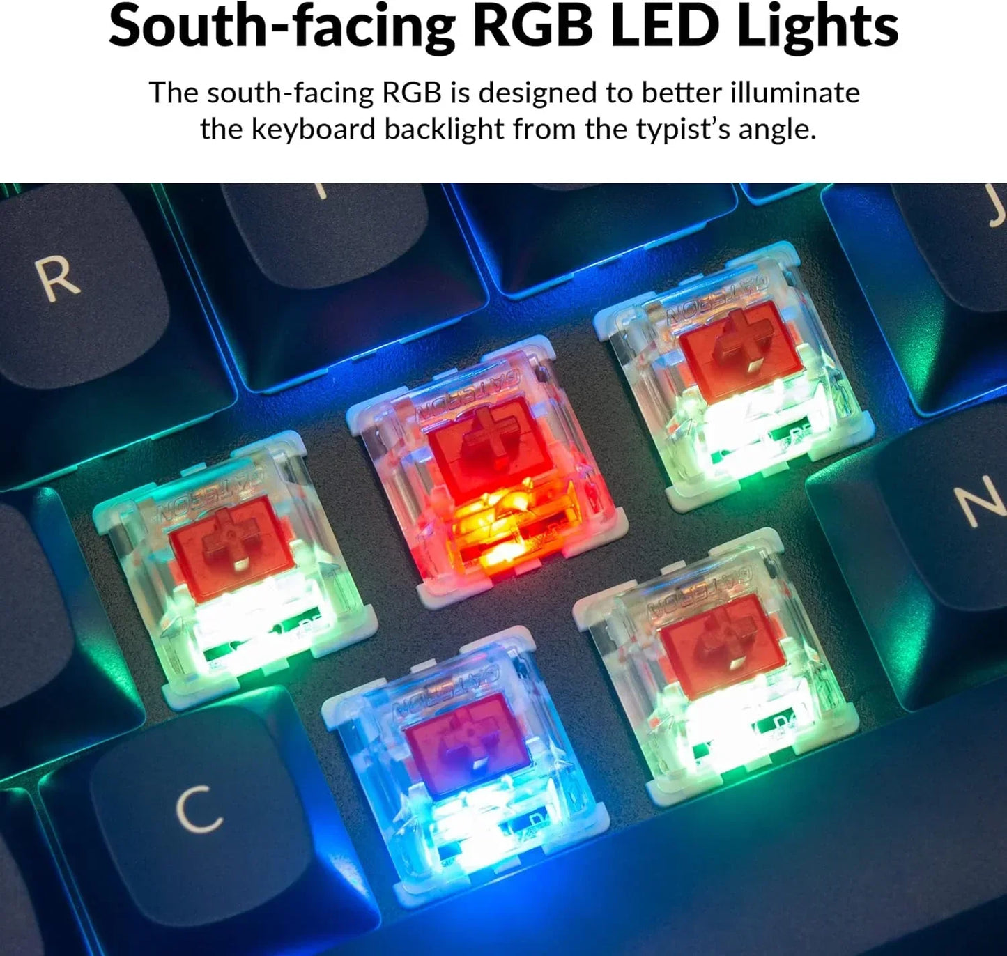 Close-up of mechanical keyboard switches with south-facing RGB LED backlighting, retro gaming gear