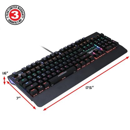 RGB mechanical gaming keyboard with wrist rest, labeled dimensions, and 3-year warranty badge