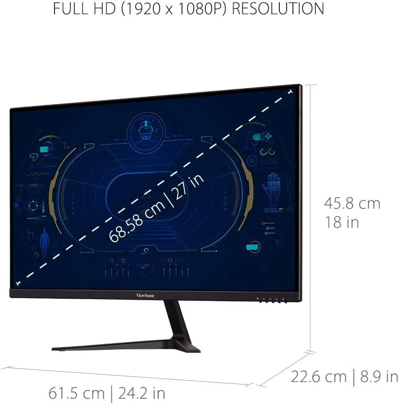 27-inch ViewSonic Full HD monitor with 1920x1080 resolution, sleek black design, and futuristic blue HUD display