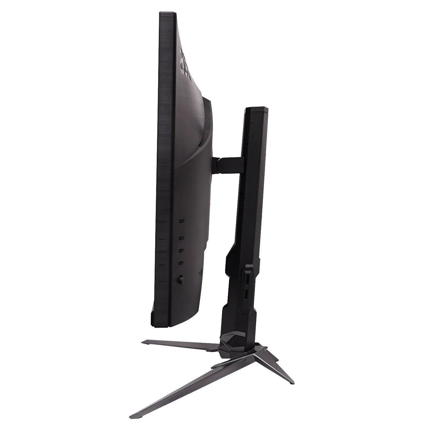 Side view of a sleek black curved gaming monitor with adjustable stand and angular base