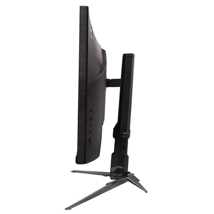 Side view of a sleek black curved gaming monitor with adjustable stand and angular base