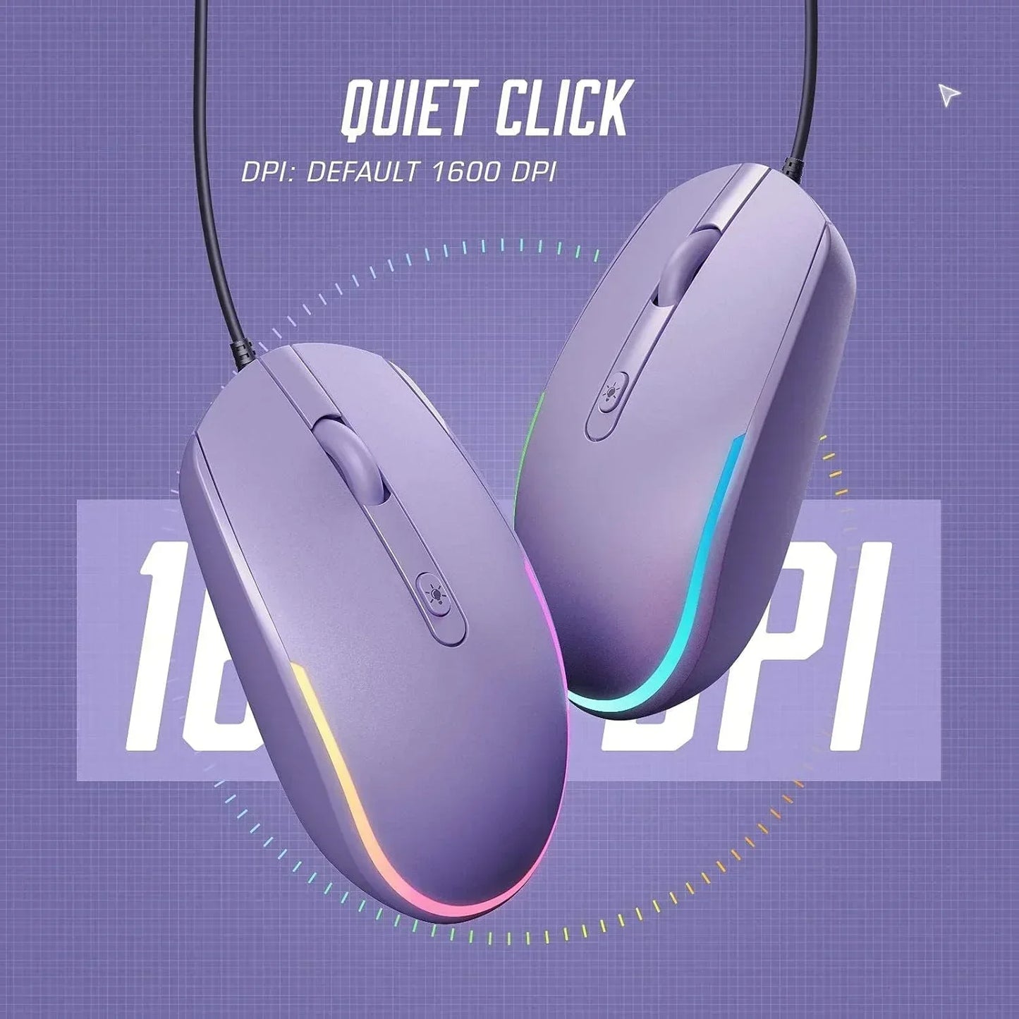 Purple wired gaming mice with RGB lighting, quiet click feature, and 1600 DPI setting