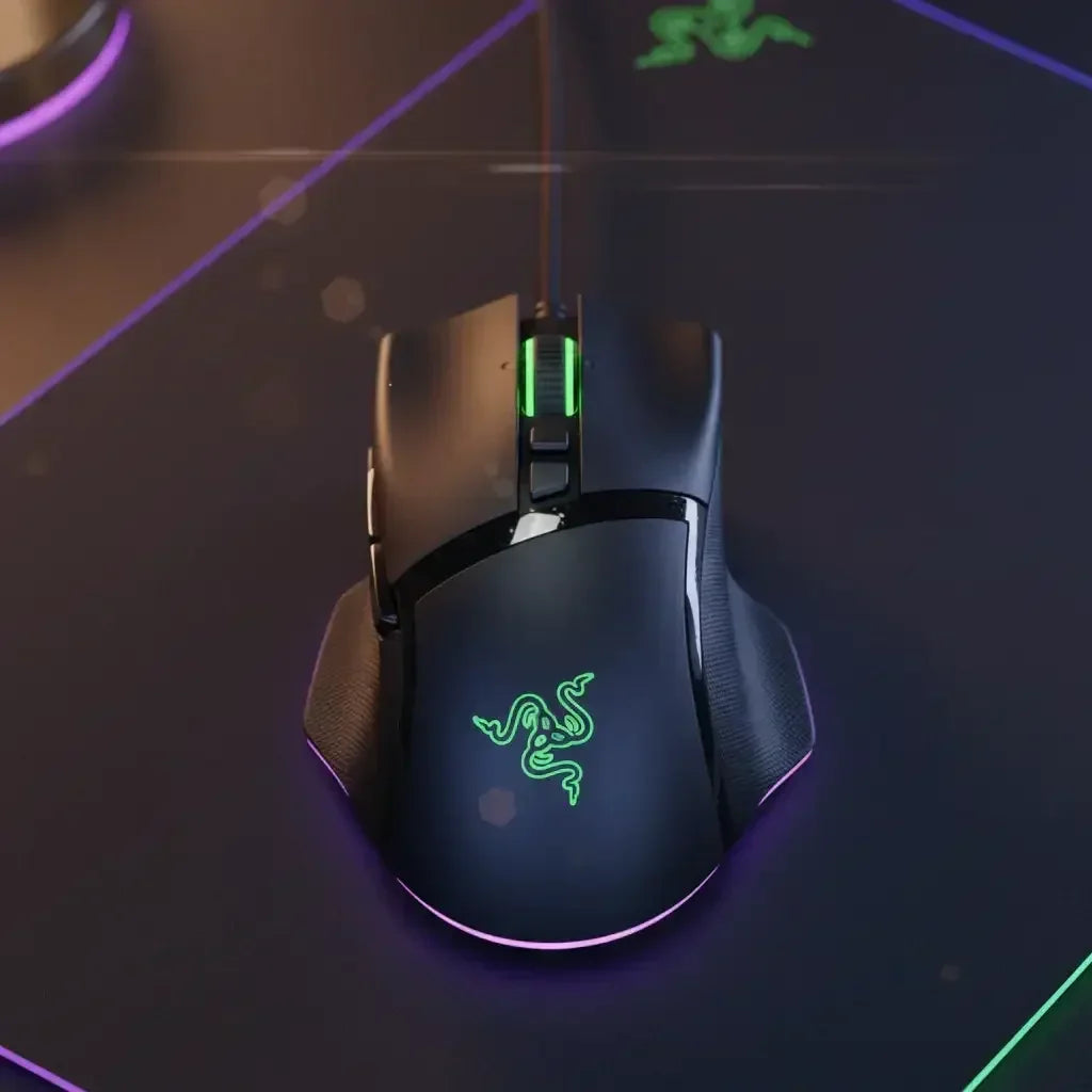 Black Razer gaming mouse with green logo and RGB lighting on black mouse pad