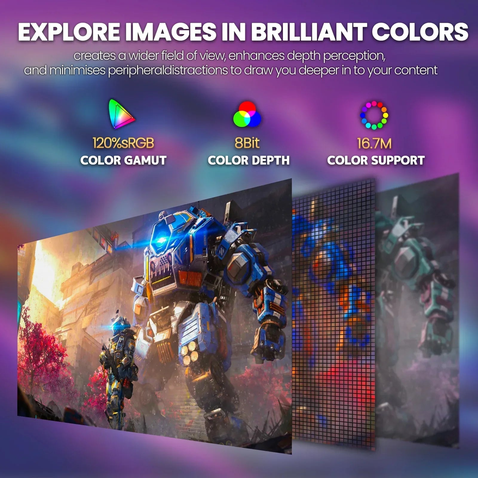 Graphic showing 120% sRGB color gamut, 8Bit color depth, and 16.7M color support enhancing vibrant image display