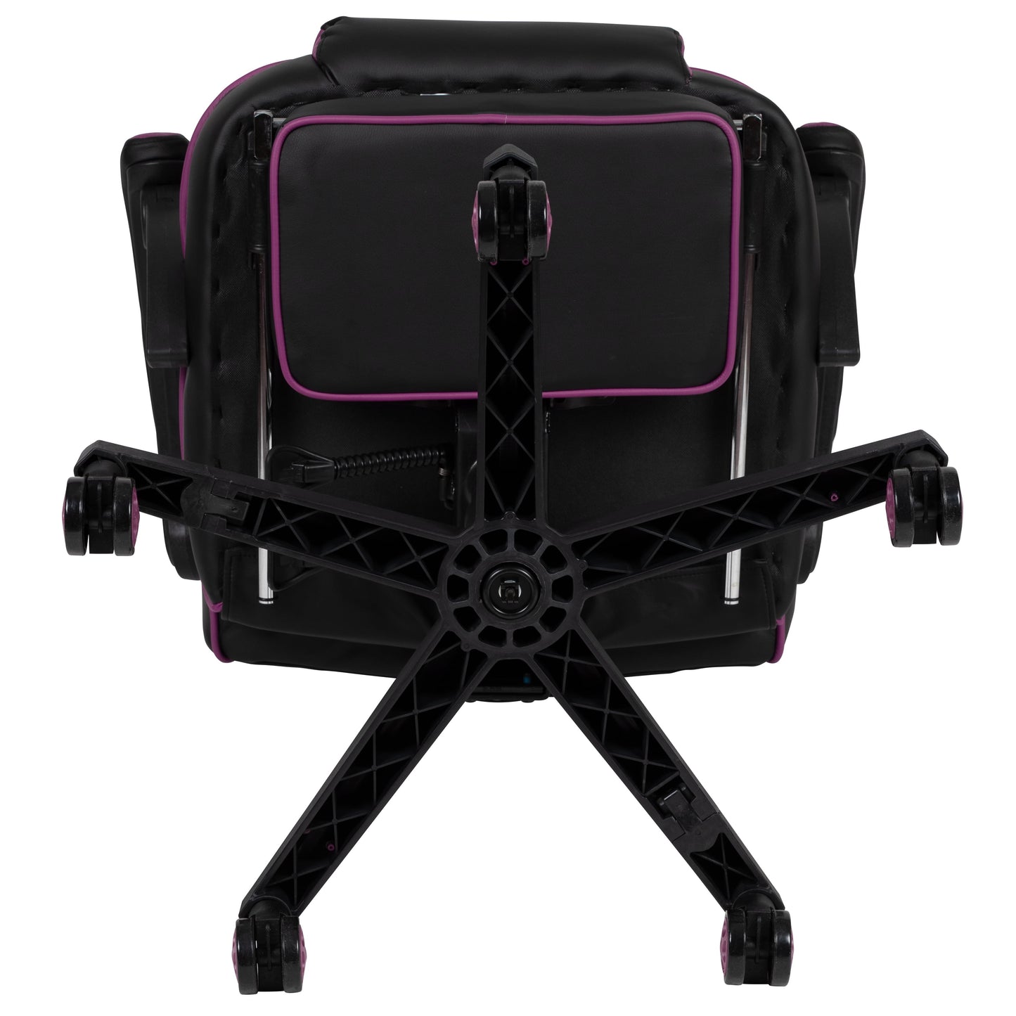 Black gaming chair with purple accents and five-wheel base for ergonomic comfort