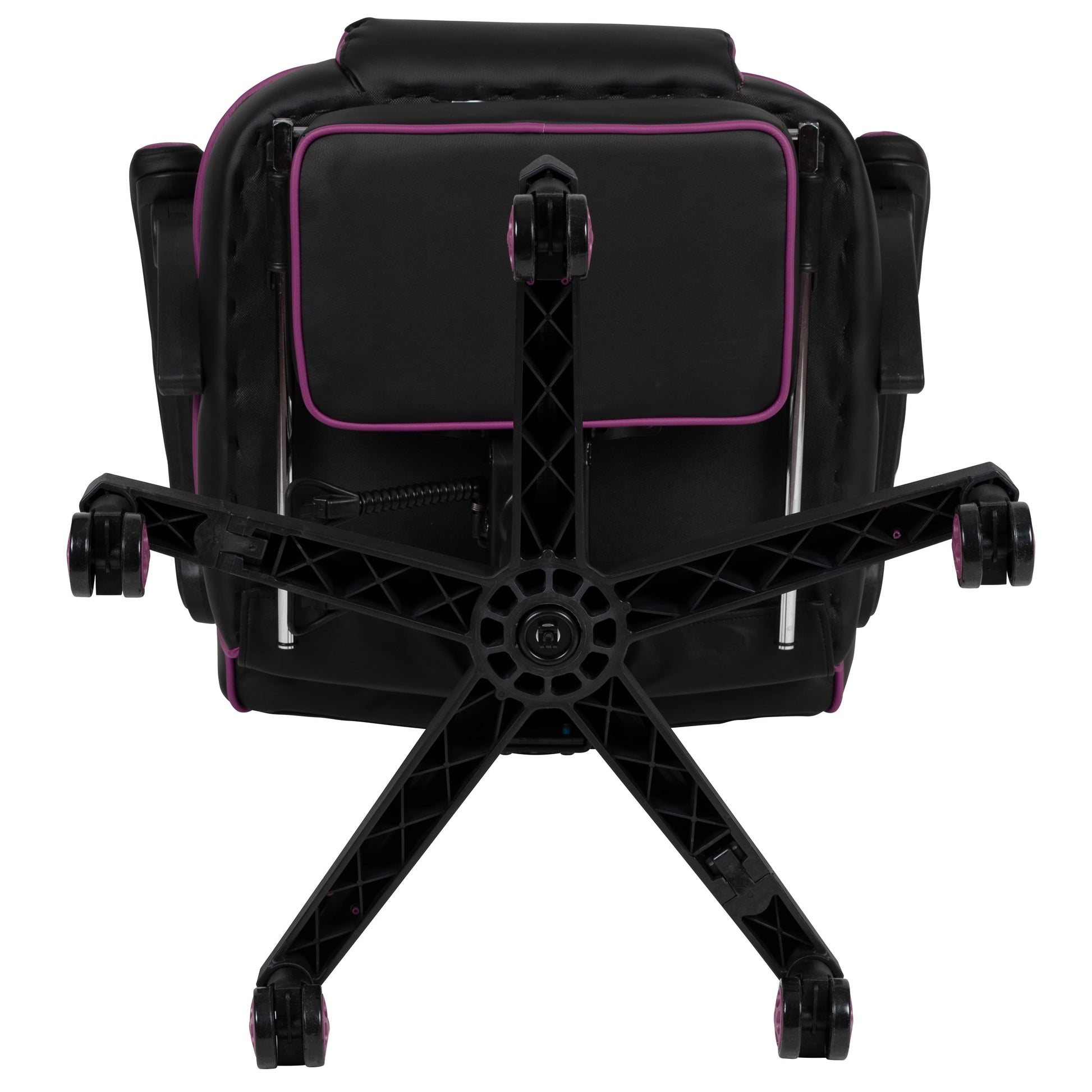 Black gaming chair with purple accents and five-wheel base for ergonomic comfort