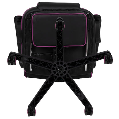 Black gaming chair with purple accents and five-wheel base for ergonomic comfort