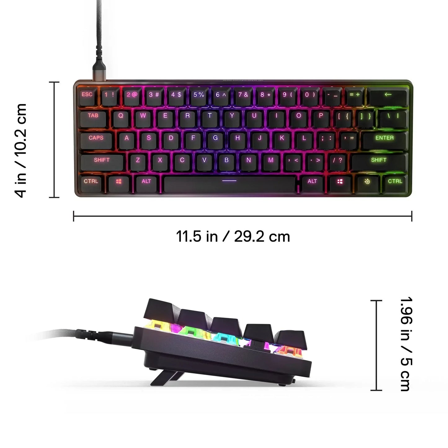 Compact RGB gaming keyboard with 8-bit style, shown with dimensions, vibrant backlighting